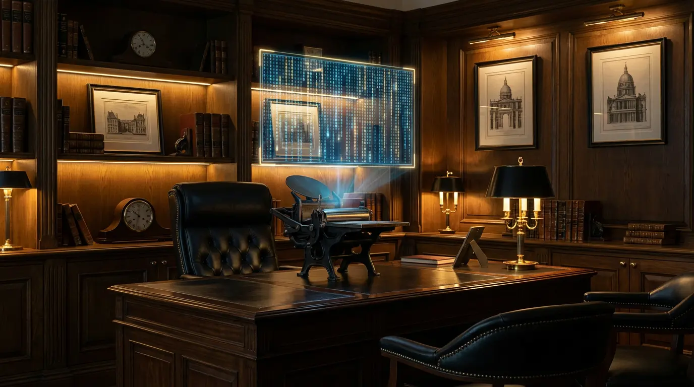 Vintage printing press integrated with AI technology representing programmatic SEO AI for agencies