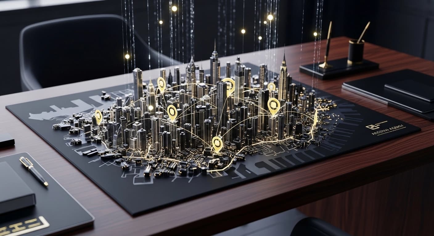 Dark 3D map with golden pins illustrating AI lead generation prompts for local SEO agencies