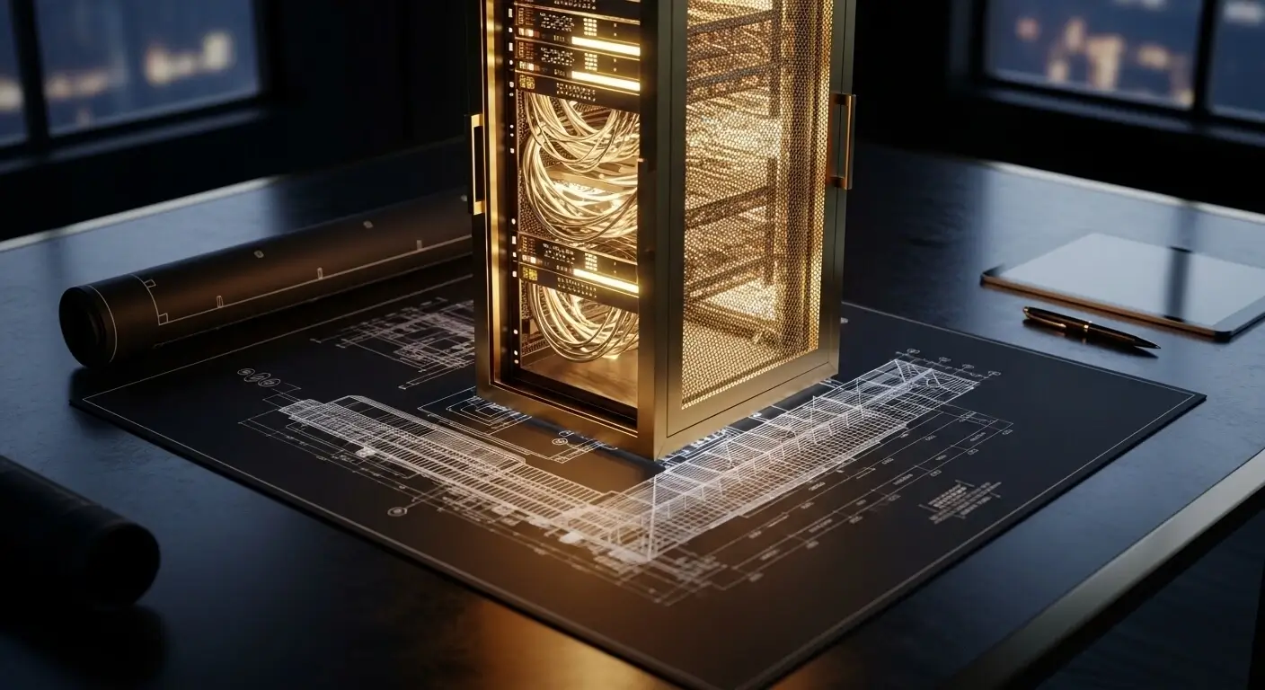 Glowing golden server blueprint representing AI technical SEO audit prompts for enterprise