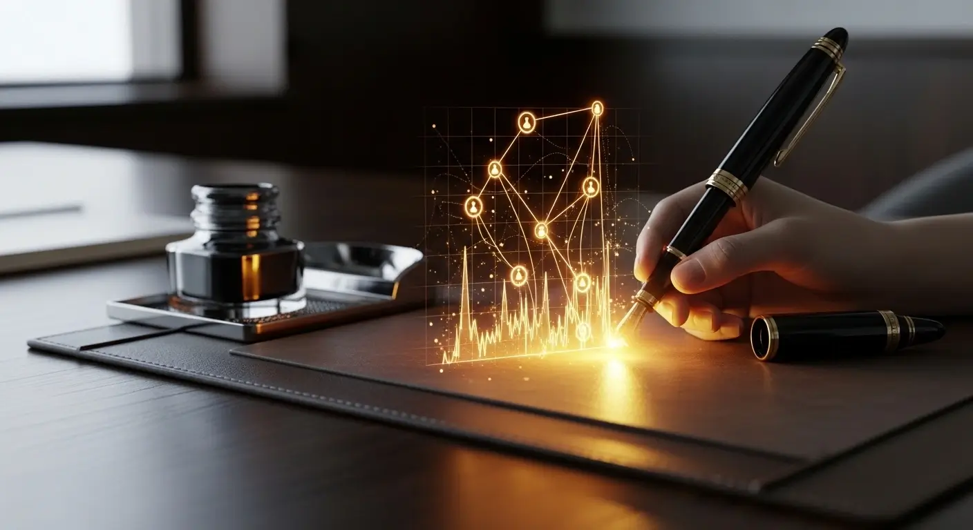 Vintage fountain pen drawing a digital network illustrating AI LinkedIn ghostwriting prompts for B2B executives