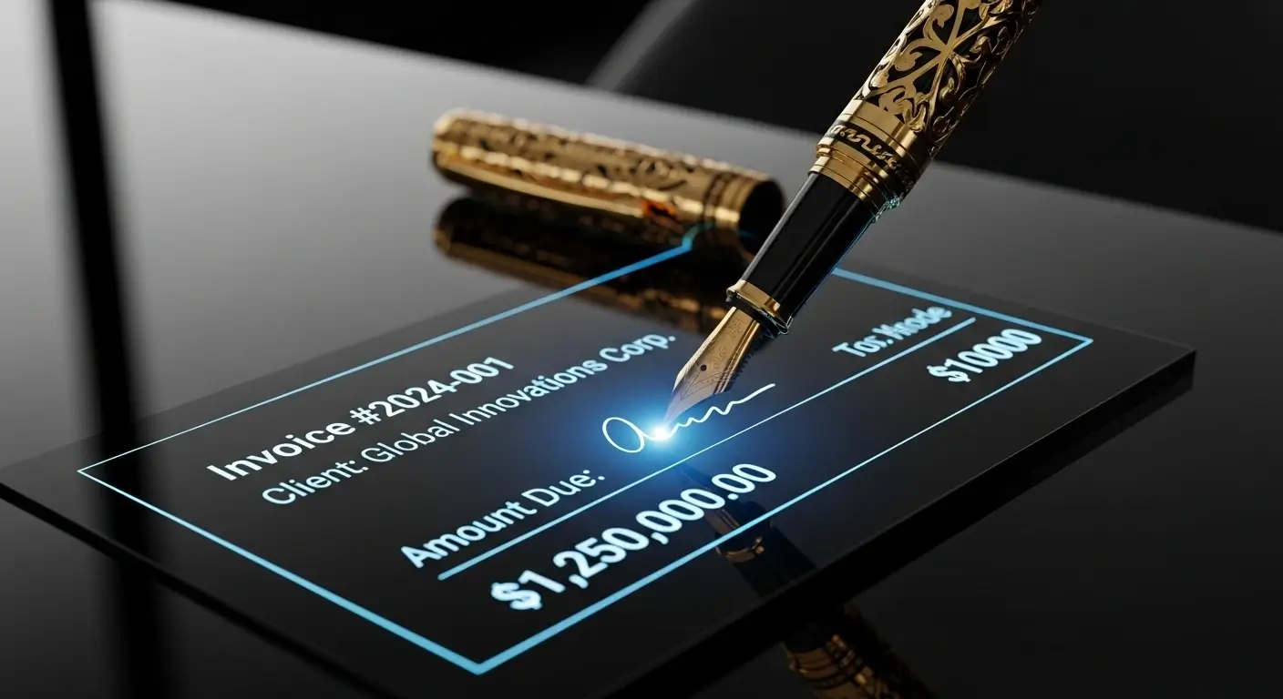 Gold fountain pen signing a digital invoice illustrating AI prompt engineering consulting fee structure