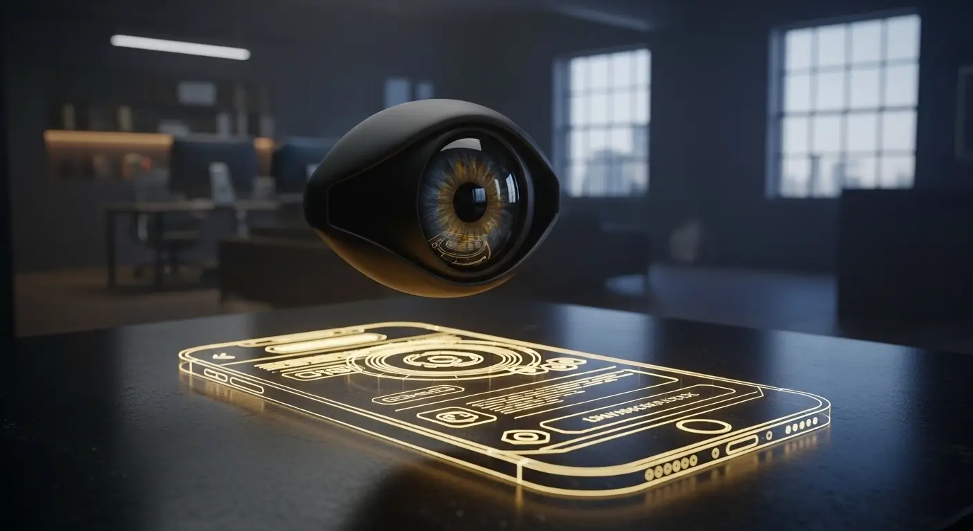 Glowing golden eye over digital wireframe representing AI prompts for UX design and conversion psychology