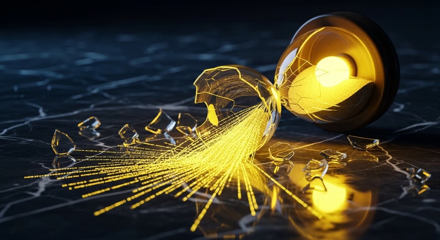 Shattered glowing hourglass representing AI content decay recovery prompts for agencies