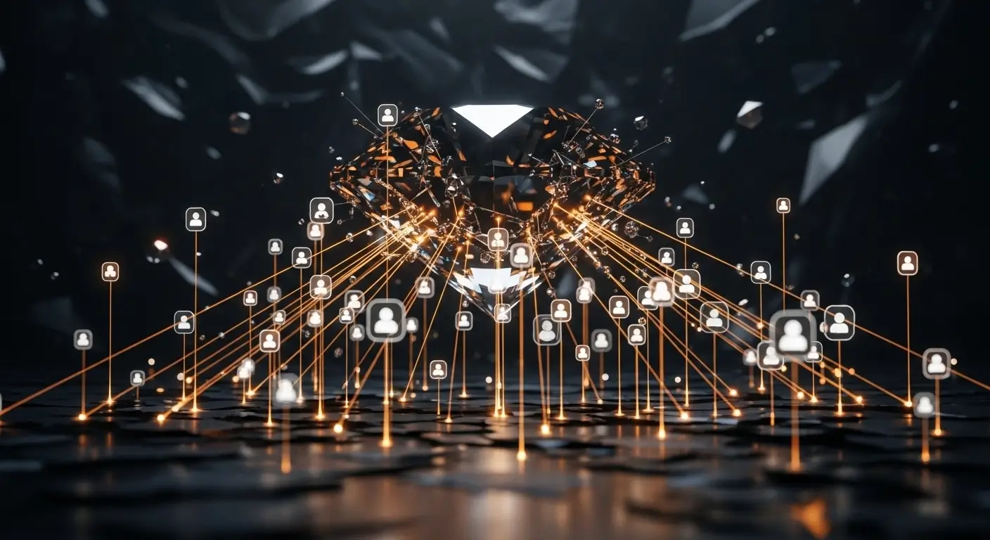 Fracturing diamond with amber light illustrating hyper-segmented AI marketing prompt engineering